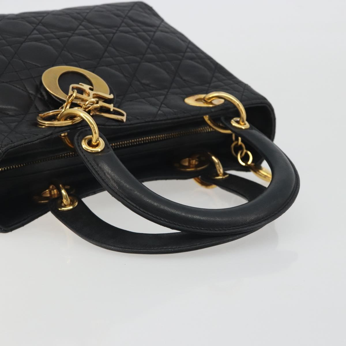 Christian Dior Canage Hand Bag Lamb Skin Black Gold Auth 193978A