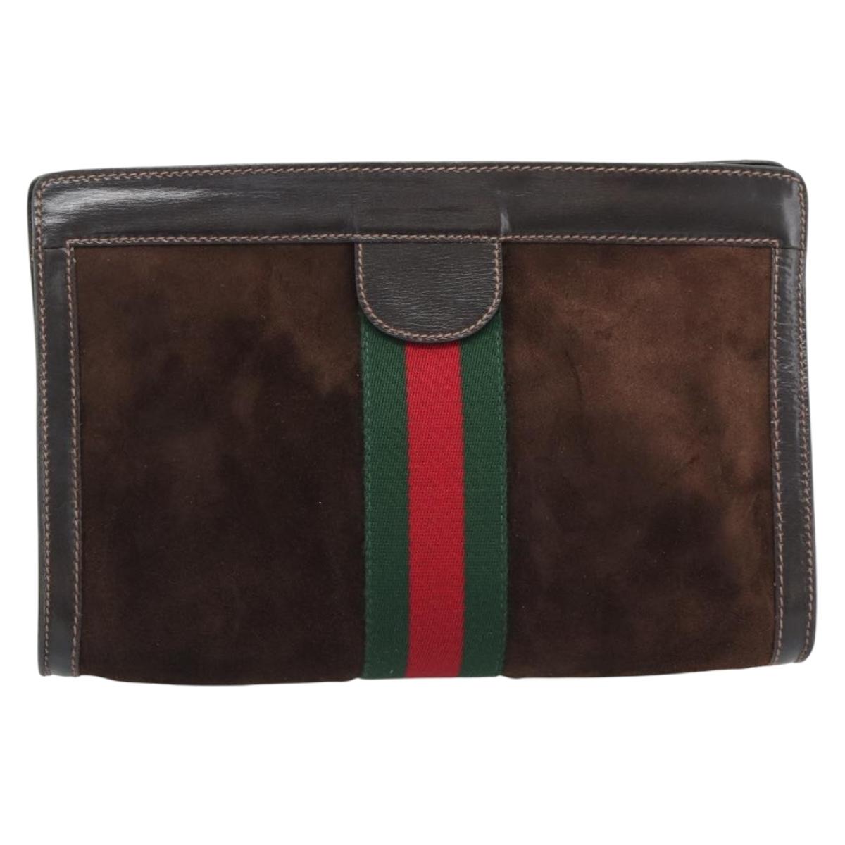 GUCCI Web Sherry Line Clutch Bag Suede Brown Auth 193983A