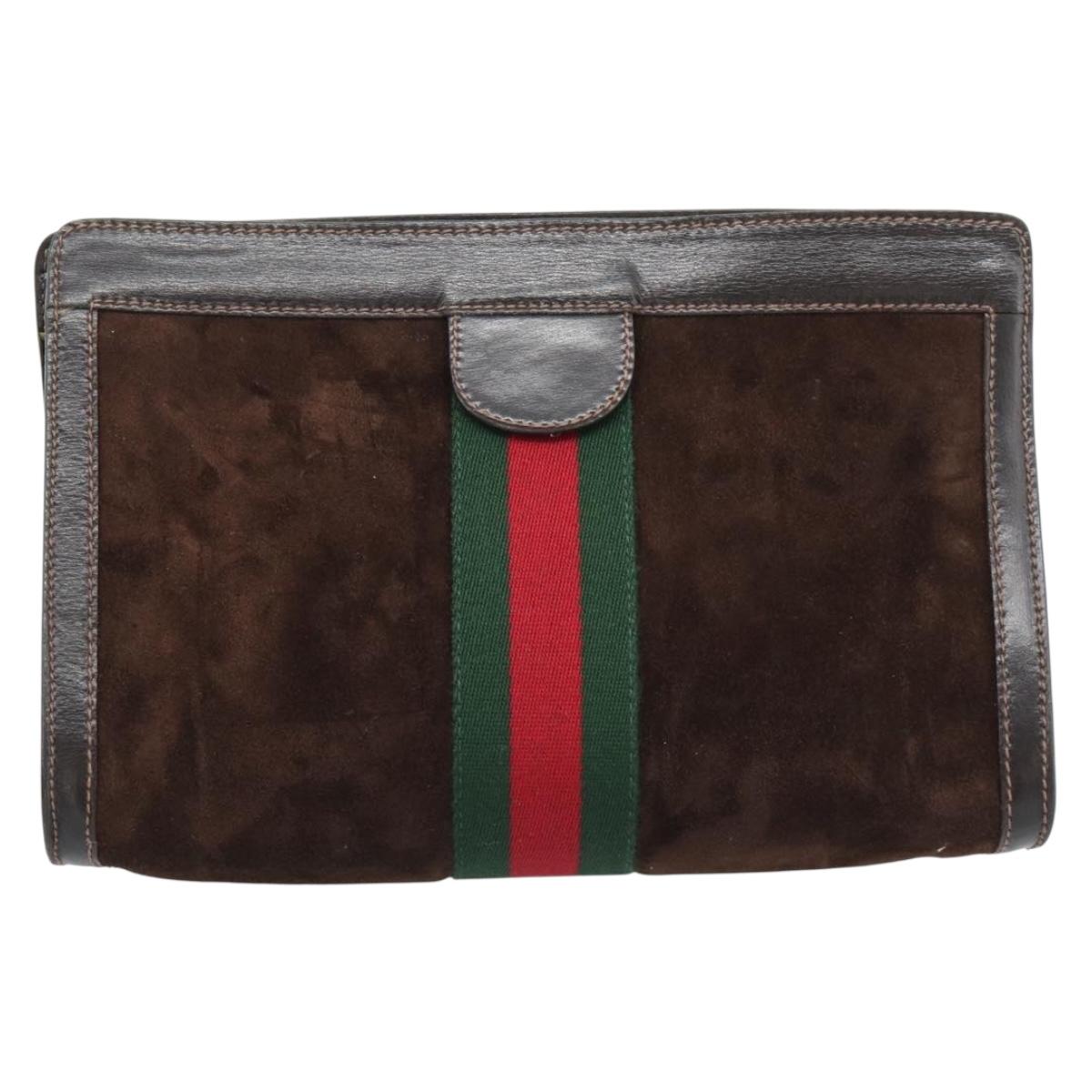 GUCCI Web Sherry Line Clutch Bag Suede Brown Auth 193983A