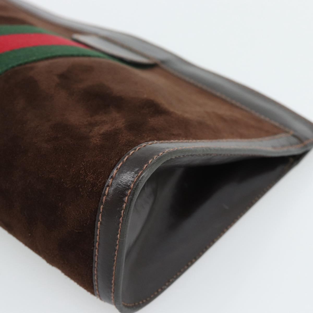 GUCCI Web Sherry Line Clutch Bag Suede Brown Auth 193983A