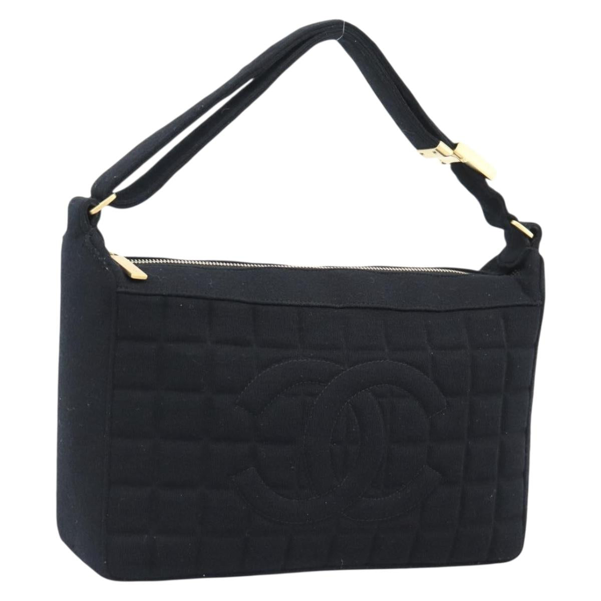CHANEL Choco Bar Hand Bag Cotton Black Gold CC Auth 194003A