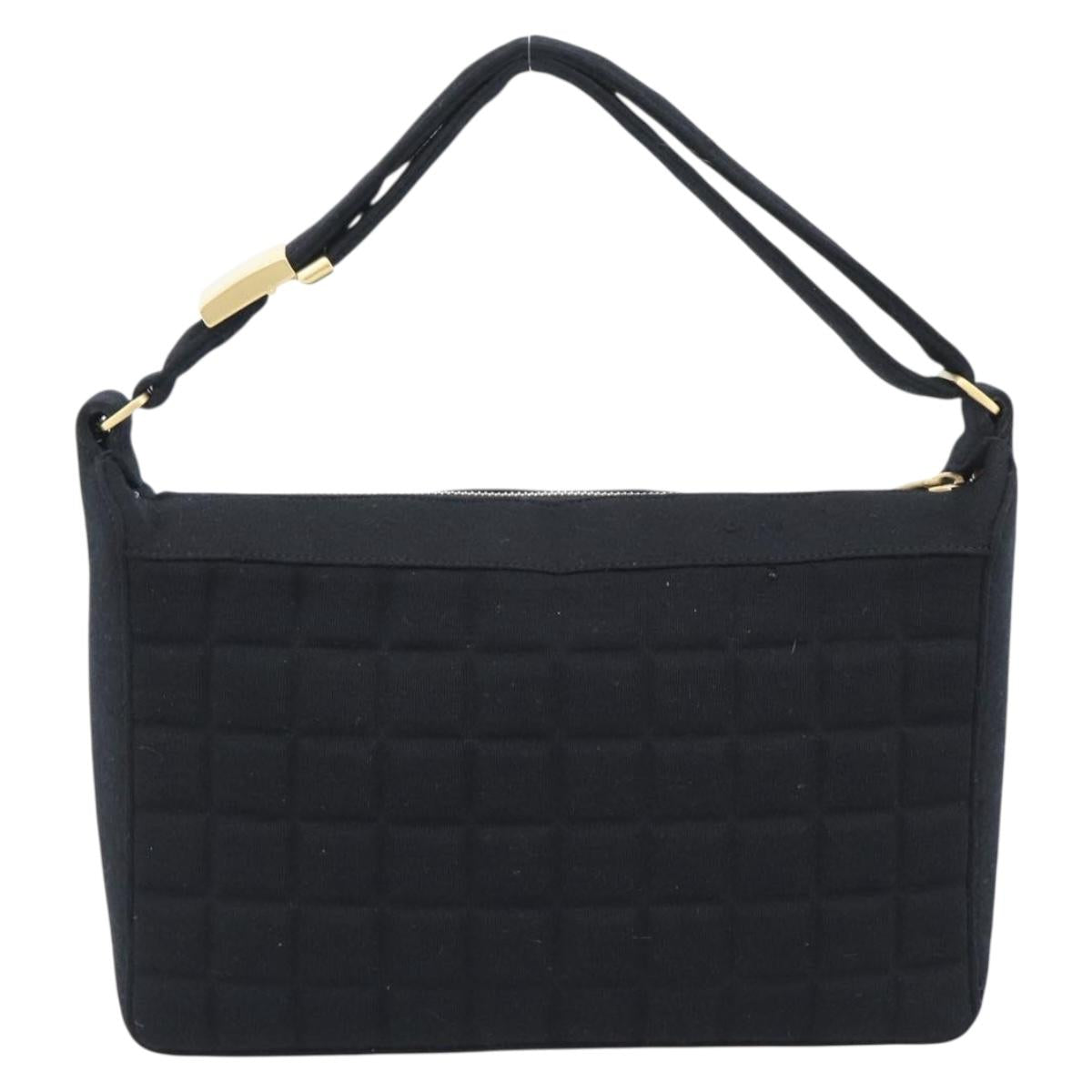 CHANEL Choco Bar Hand Bag Cotton Black Gold CC Auth 194003A