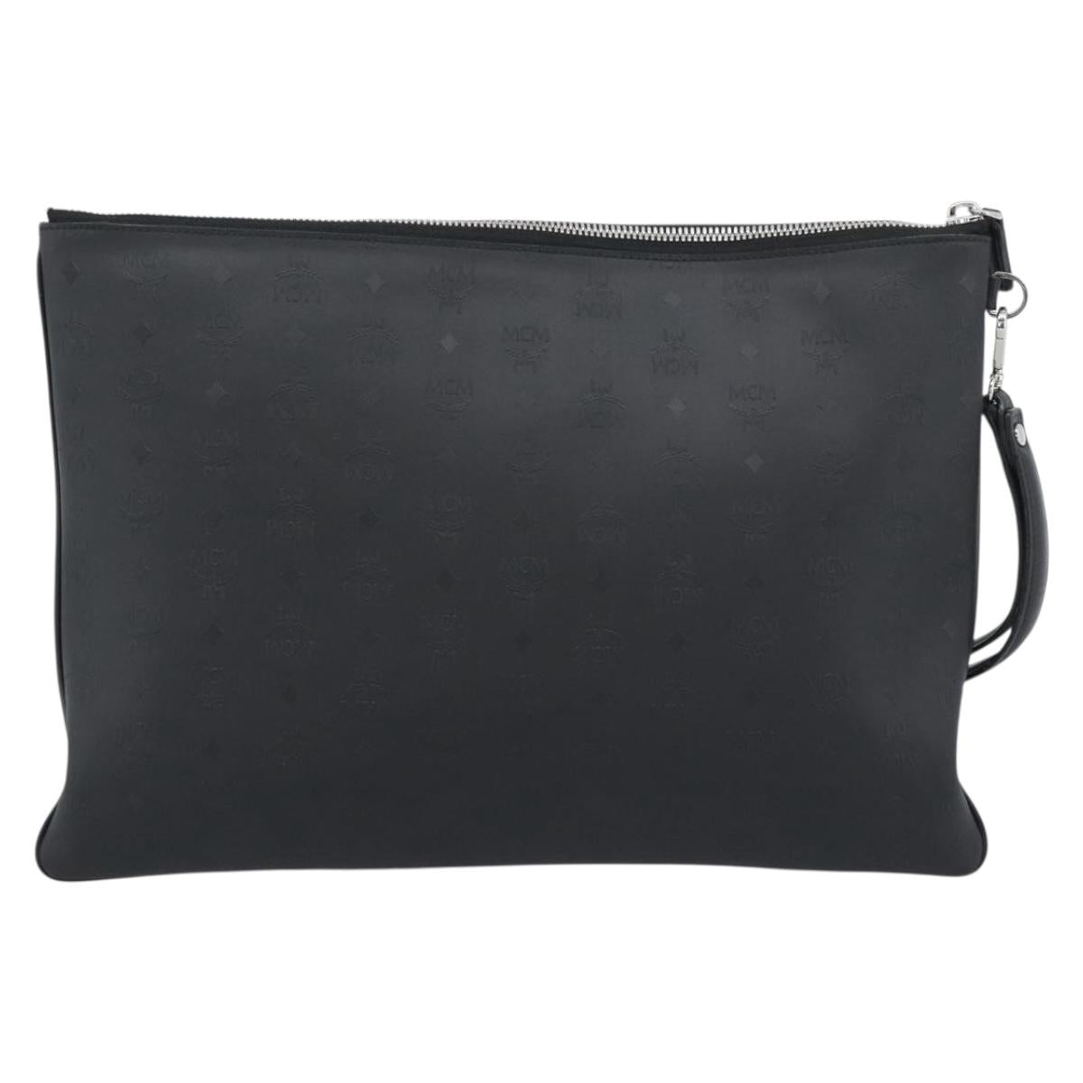 MCM Vicetos Logogram Clutch Bag PVC Leather Black Silver Auth 194004A