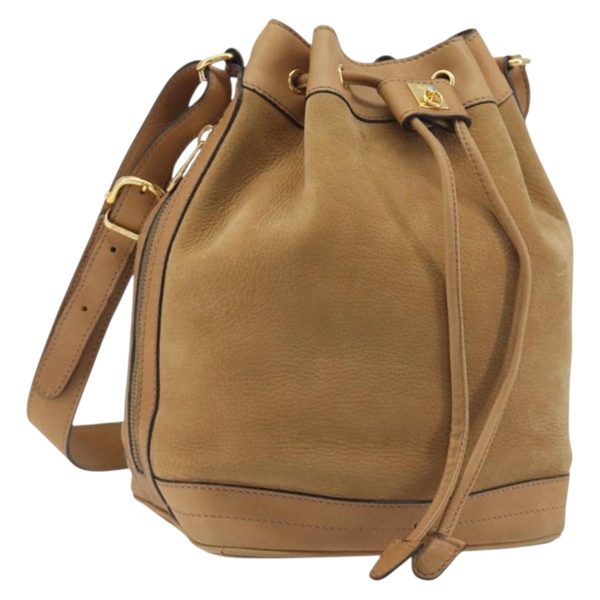 CELINE Shoulder Bag Leather Beige Gold Auth 194005