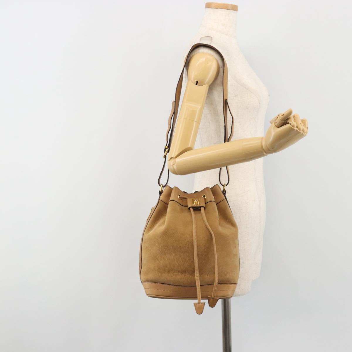 CELINE Shoulder Bag Leather Beige Gold Auth 194005