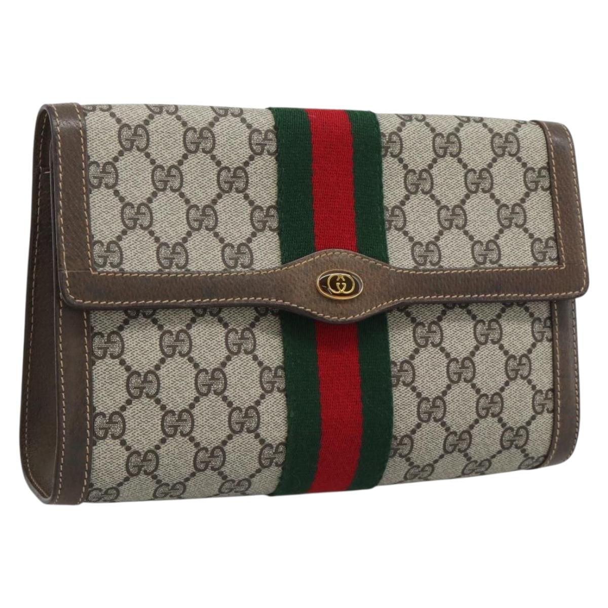 GUCCI GG Supreme Web Sherry Line Bag PVC Beige Gold 378 014 3087 Auth 194012