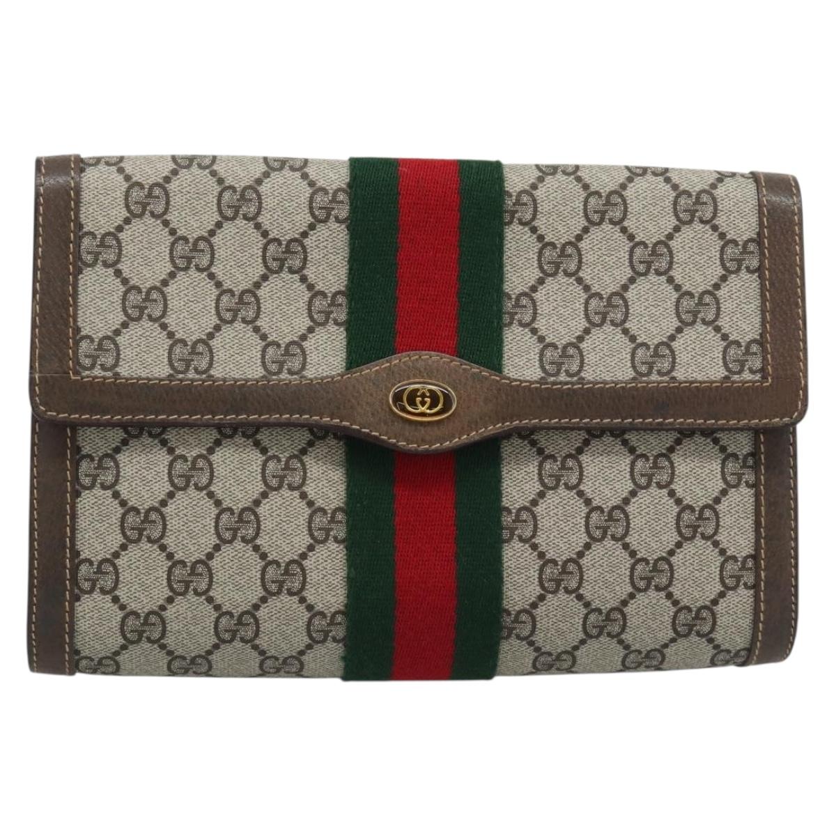 GUCCI GG Supreme Web Sherry Line Bag PVC Beige Gold 378 014 3087 Auth 194012