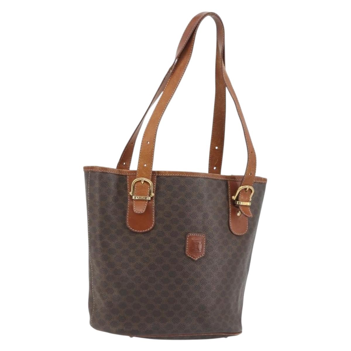 CELINE Macadam Canvas Tote Bag PVC Leather Brown Gold Auth 194037