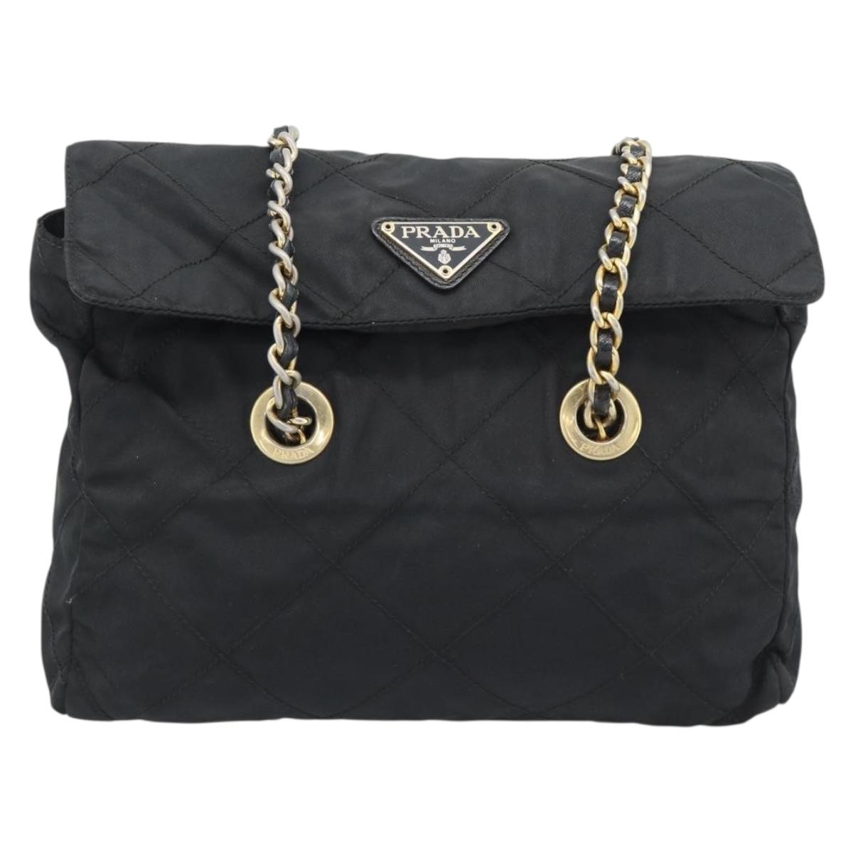 PRADA Chain Shoulder Bag Nylon Black Gold Auth 194040