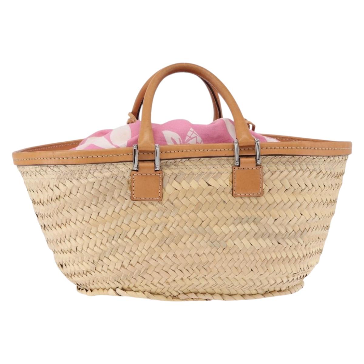 LOEWE Basket Bag Raffia Beige Silver Auth 194045A