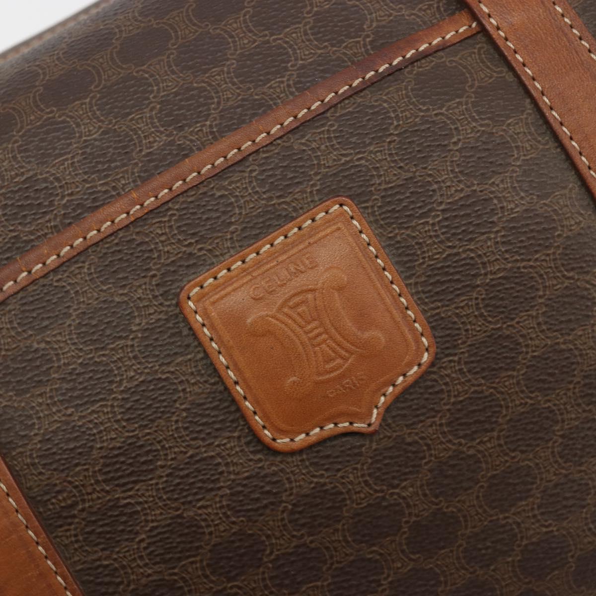 CELINE Macadam Canvas Boston Bag PVC Leather Brown Gold Auth 194053