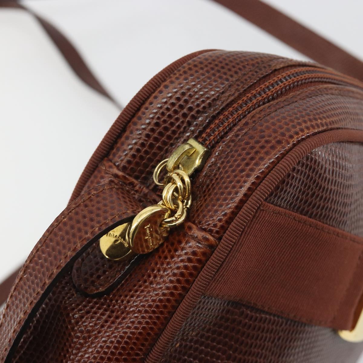 Salvatore Ferragamo Shoulder Bag Leather Embossed Brown Gold Auth 194054