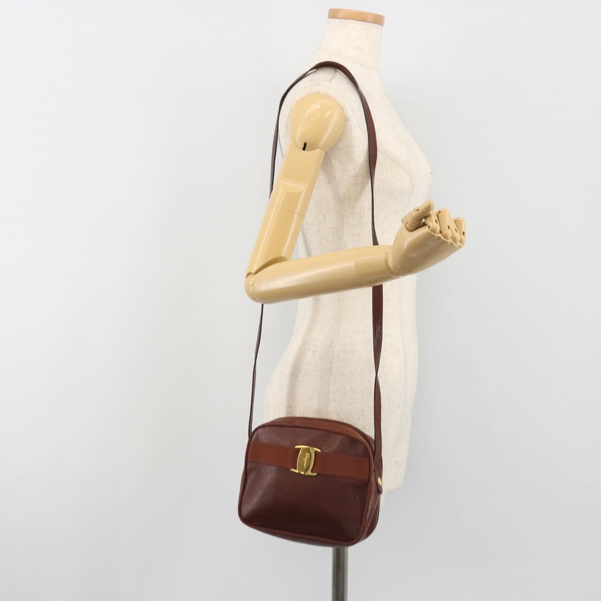 Salvatore Ferragamo Shoulder Bag Leather Embossed Brown Gold Auth 194054