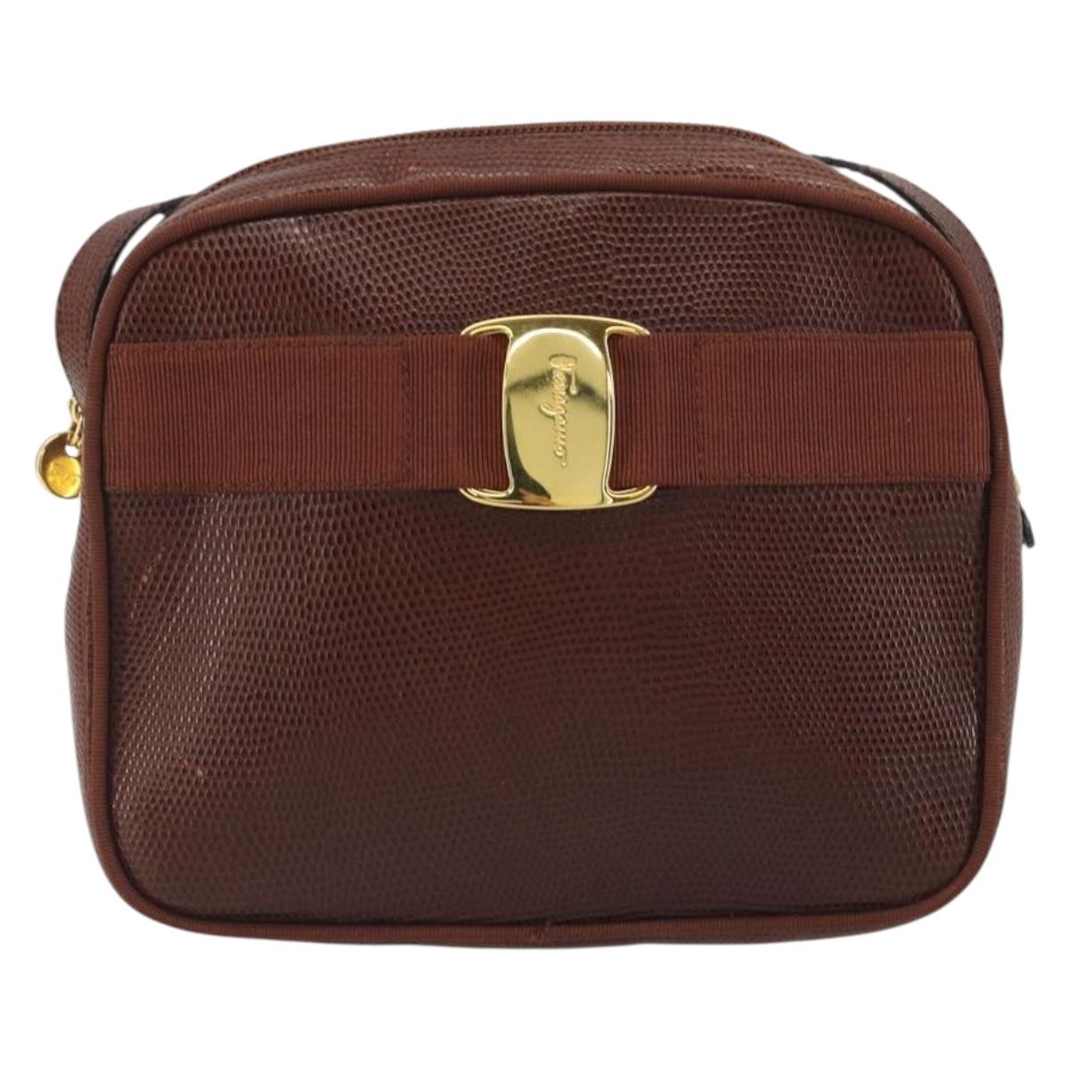 Salvatore Ferragamo Shoulder Bag Leather Embossed Brown Gold Auth 194054