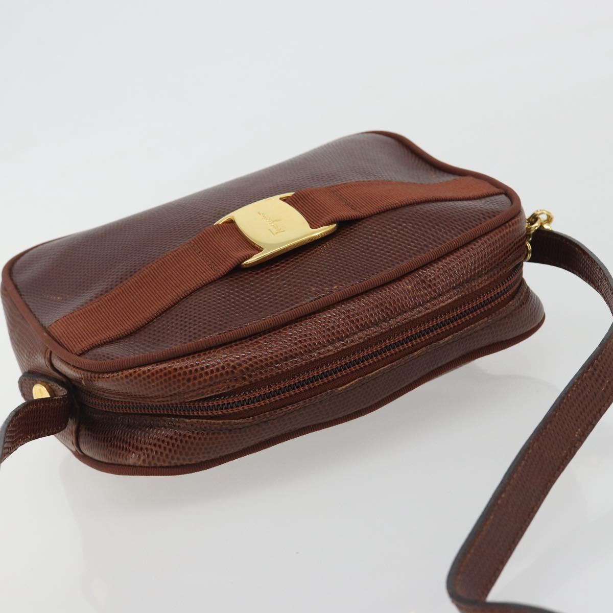 Salvatore Ferragamo Shoulder Bag Leather Embossed Brown Gold Auth 194054