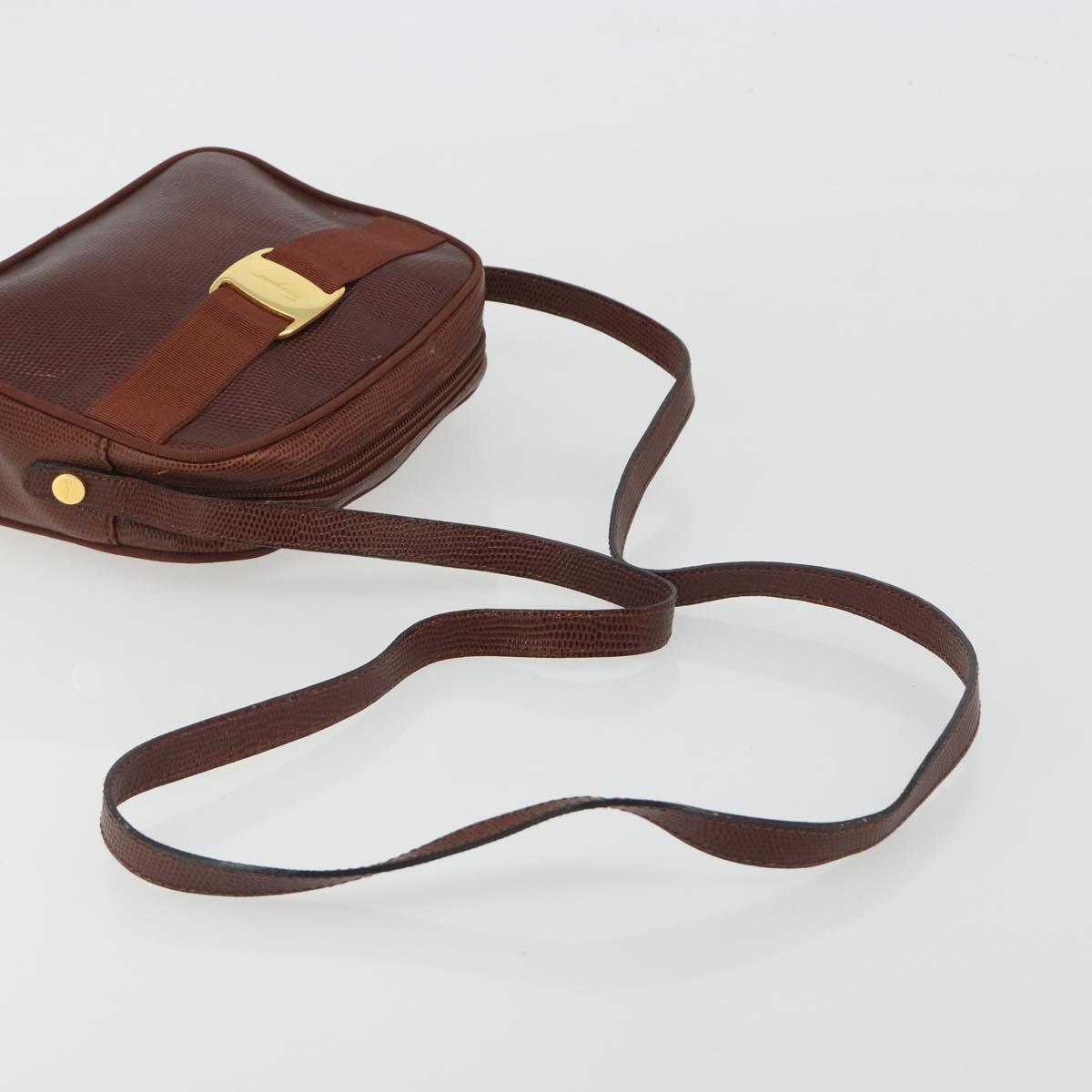 Salvatore Ferragamo Shoulder Bag Leather Embossed Brown Gold Auth 194054
