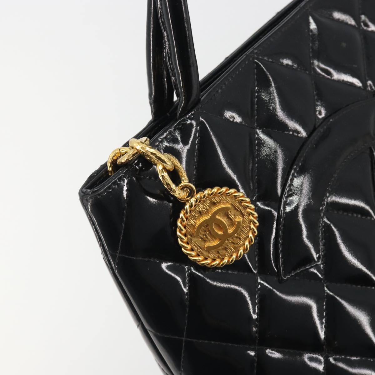 CHANEL Matelasse Reprint Tote Bag Patent Leather Black Gold CC Auth 194057V