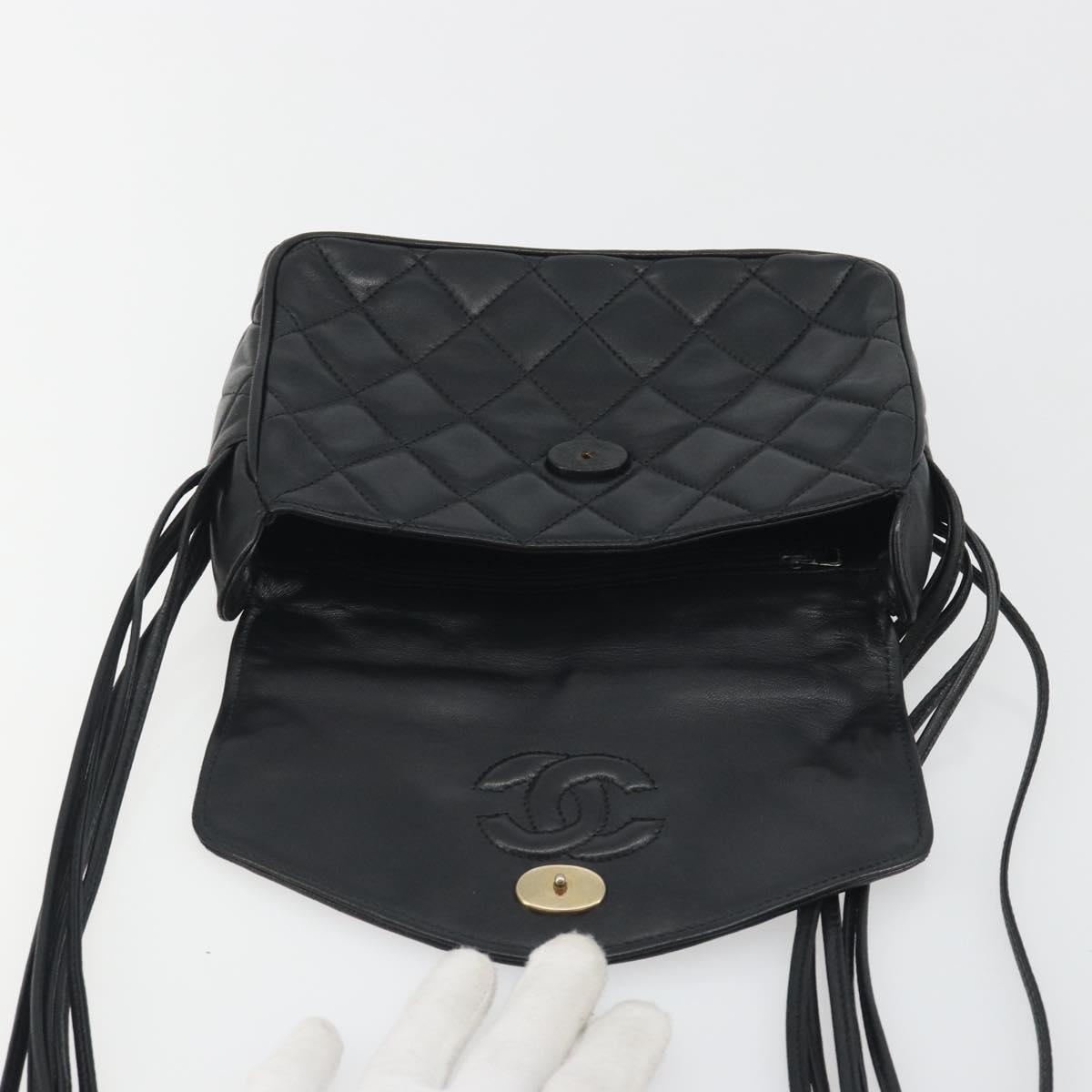 CHANEL Matelasse Shoulder Bag Lamb Skin Black Gold CC Auth 194058A