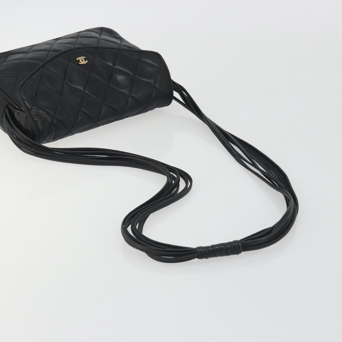 CHANEL Matelasse Shoulder Bag Lamb Skin Black Gold CC Auth 194058A