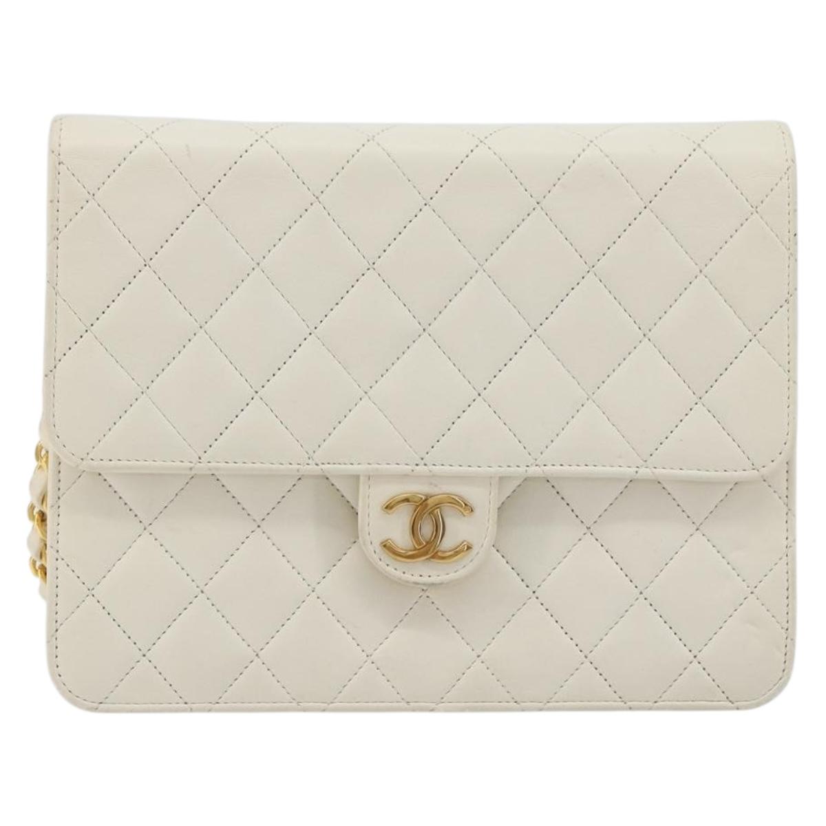 CHANEL Matelasse Chain Chain Shoulder Bag Lamb Skin White Gold CC Auth 194059