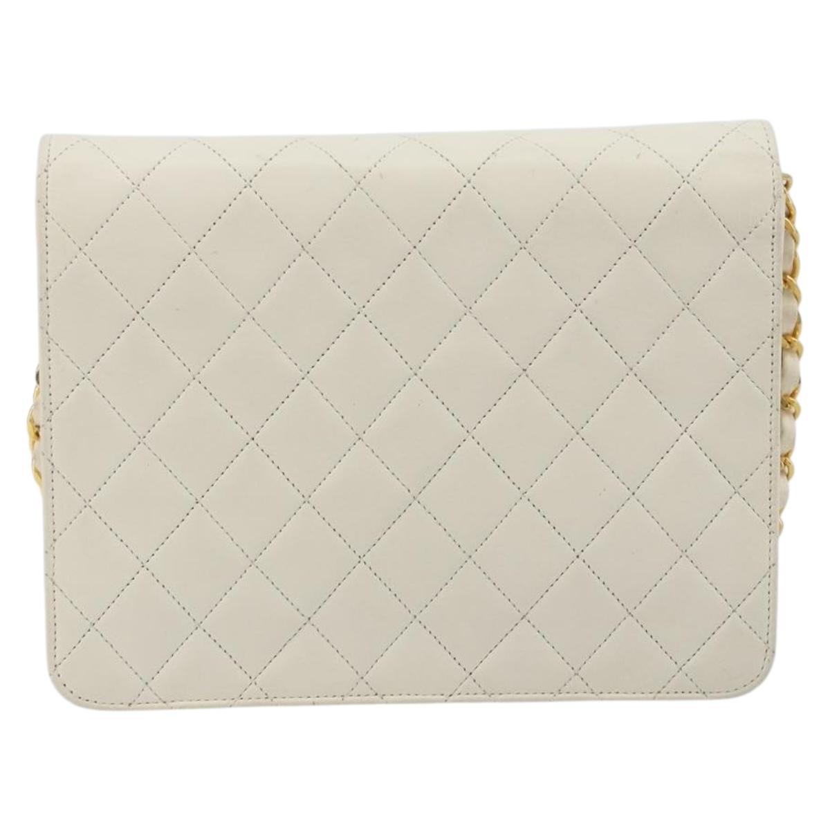 CHANEL Matelasse Chain Chain Shoulder Bag Lamb Skin White Gold CC Auth 194059
