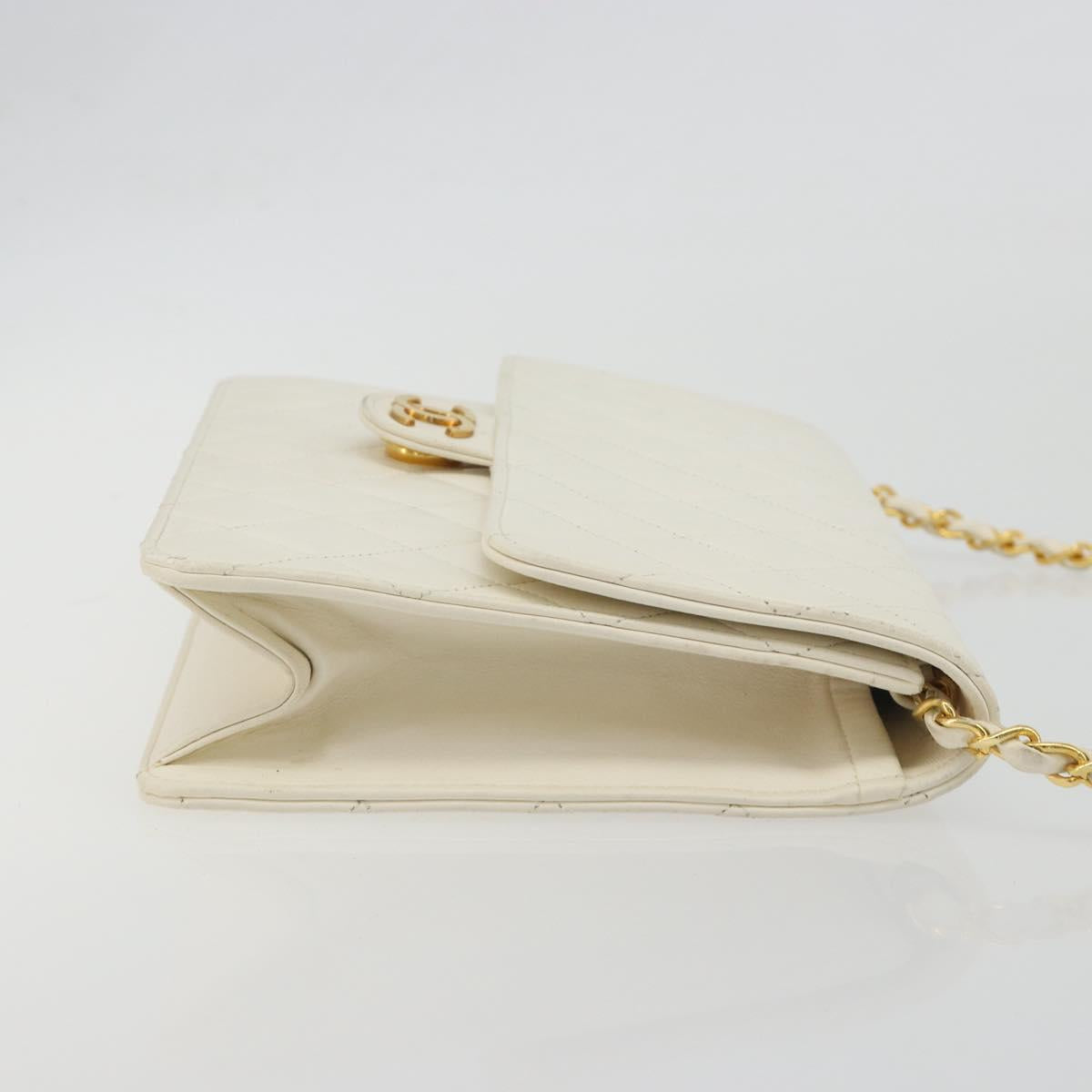 CHANEL Matelasse Chain Chain Shoulder Bag Lamb Skin White Gold CC Auth 194059