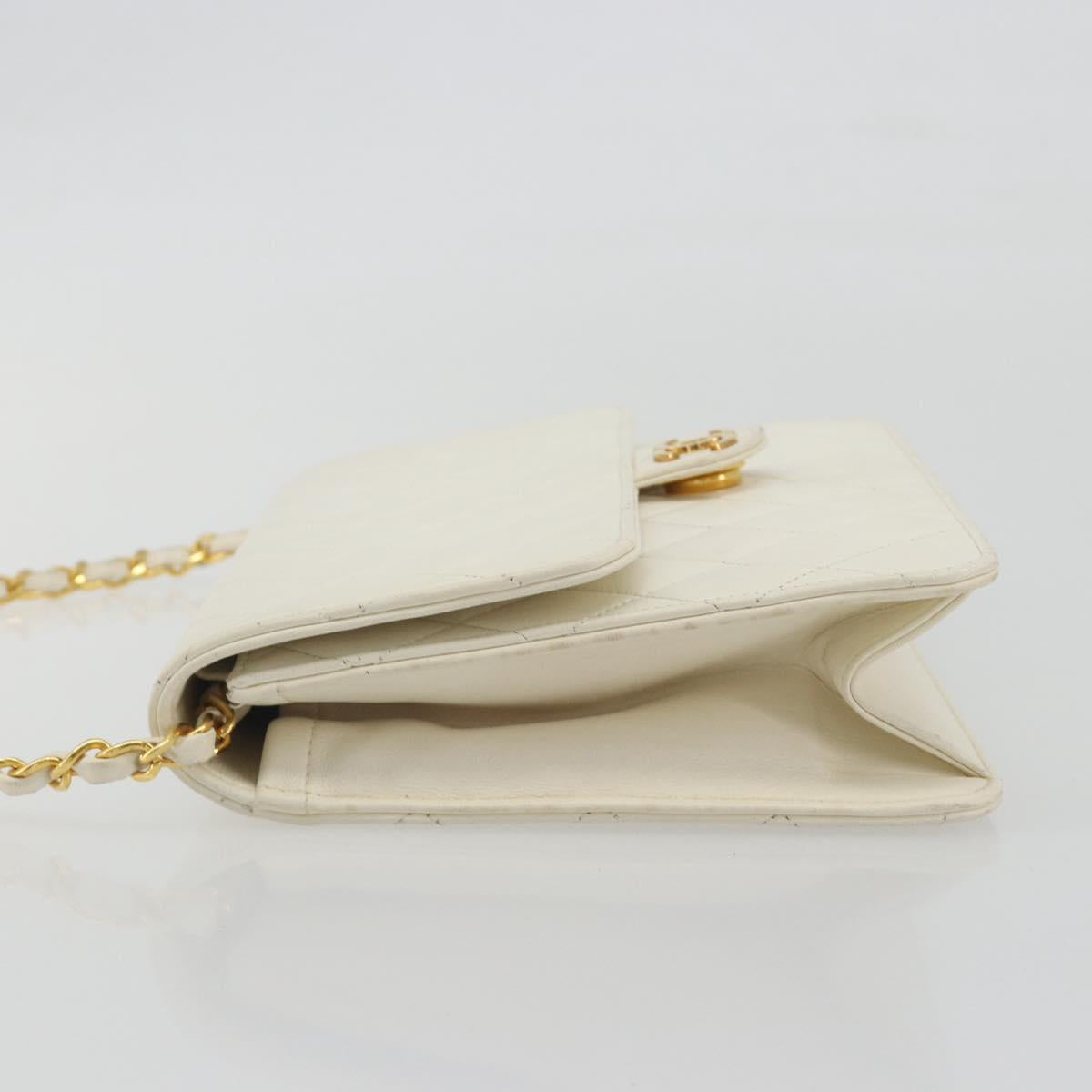 CHANEL Matelasse Chain Chain Shoulder Bag Lamb Skin White Gold CC Auth 194059
