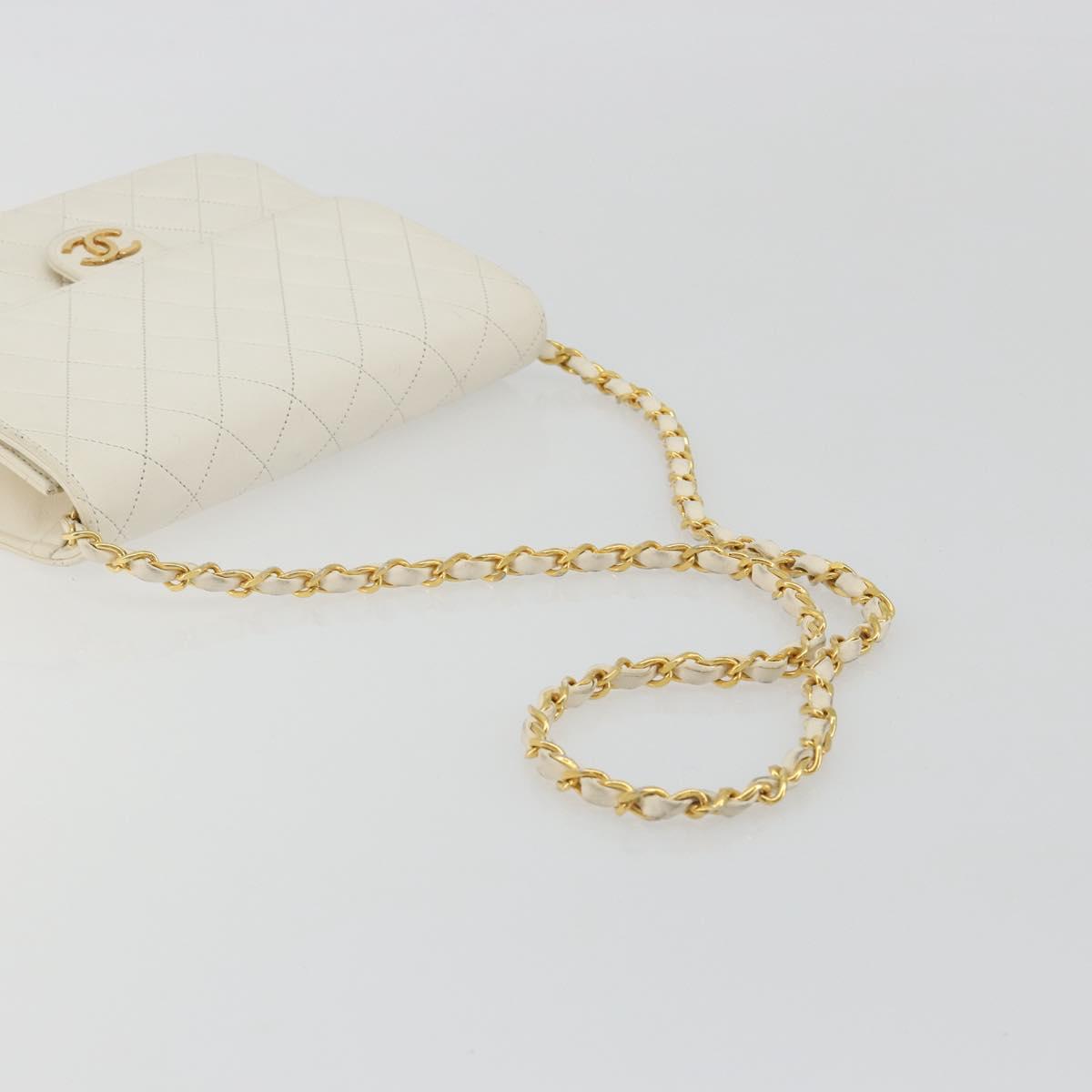 CHANEL Matelasse Chain Chain Shoulder Bag Lamb Skin White Gold CC Auth 194059