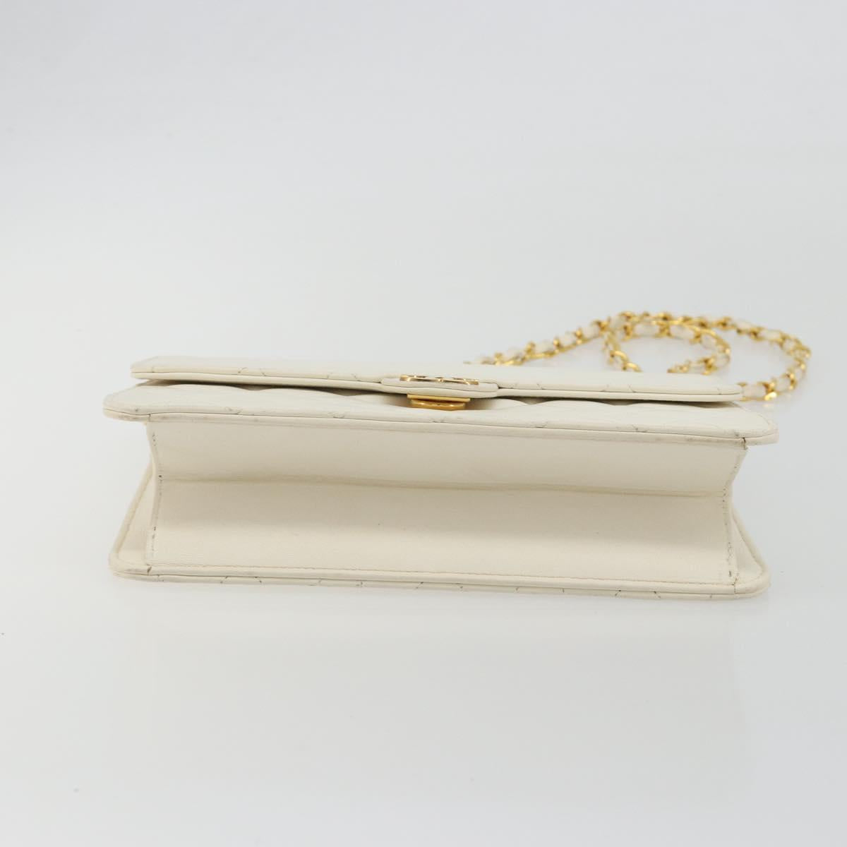 CHANEL Matelasse Chain Chain Shoulder Bag Lamb Skin White Gold CC Auth 194059