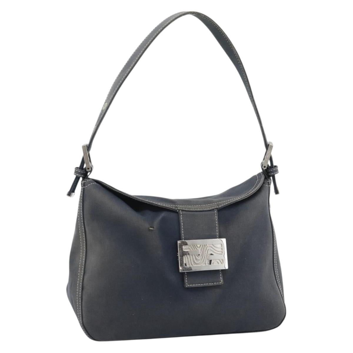 FENDI Mamma Baguette Shoulder Bag Canvas Navy Silver Auth 194063