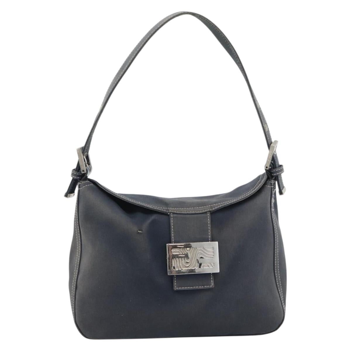FENDI Mamma Baguette Shoulder Bag Canvas Navy Silver Auth 194063