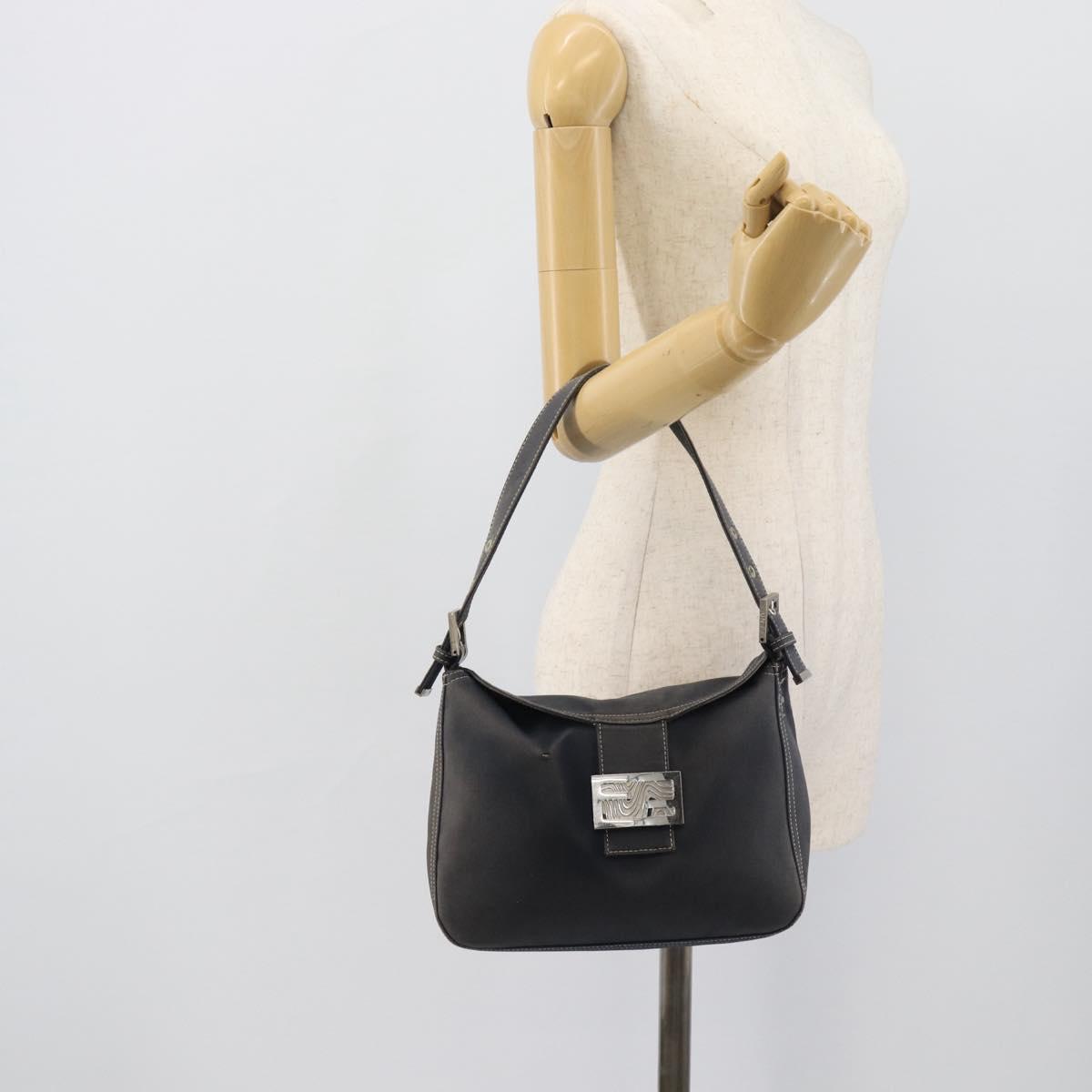 FENDI Mamma Baguette Shoulder Bag Canvas Navy Silver Auth 194063