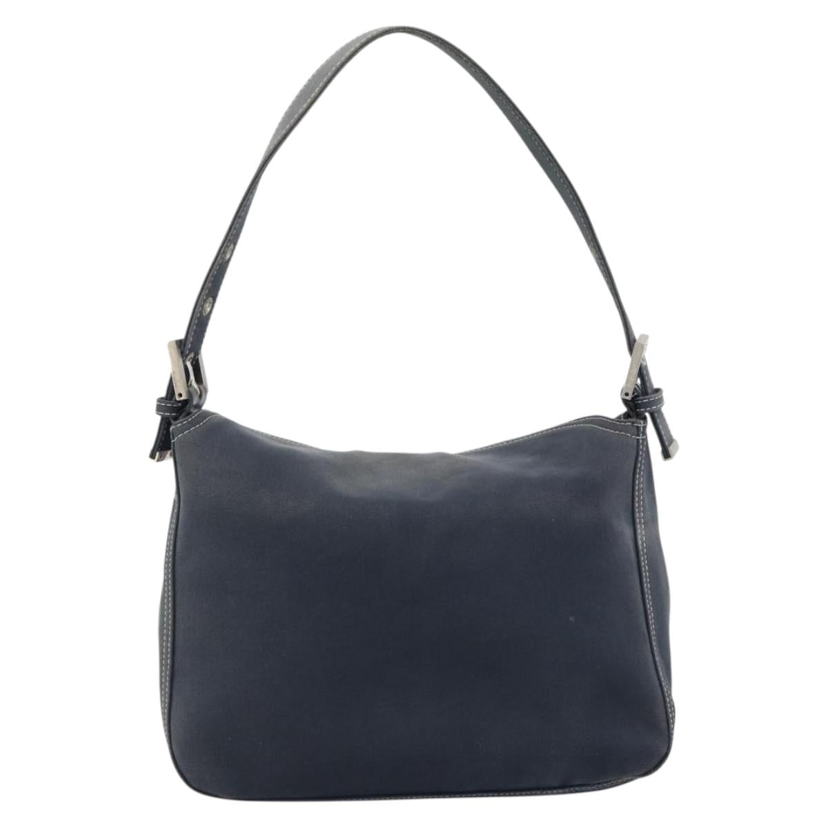FENDI Mamma Baguette Shoulder Bag Canvas Navy Silver Auth 194063