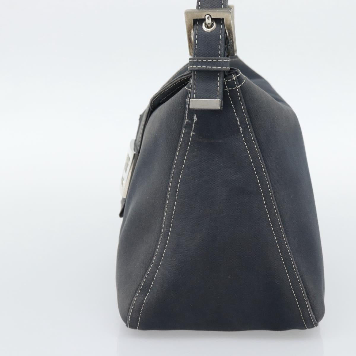 FENDI Mamma Baguette Shoulder Bag Canvas Navy Silver Auth 194063