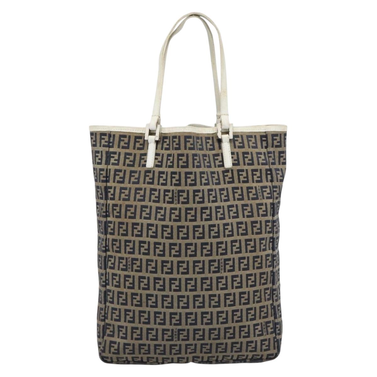 FENDI Zucchino Canvas Tote Bag Navy Silver 8BH006 Auth 194069