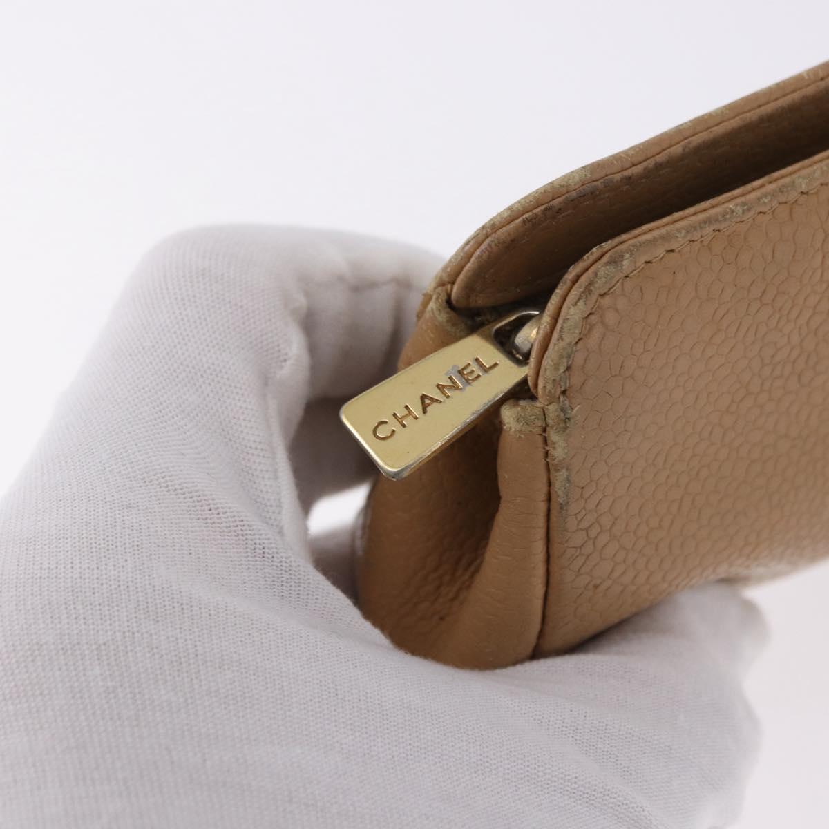 CHANEL COCO Mark Pouch Caviar Skin Beige Gold Tone CC Auth 194083