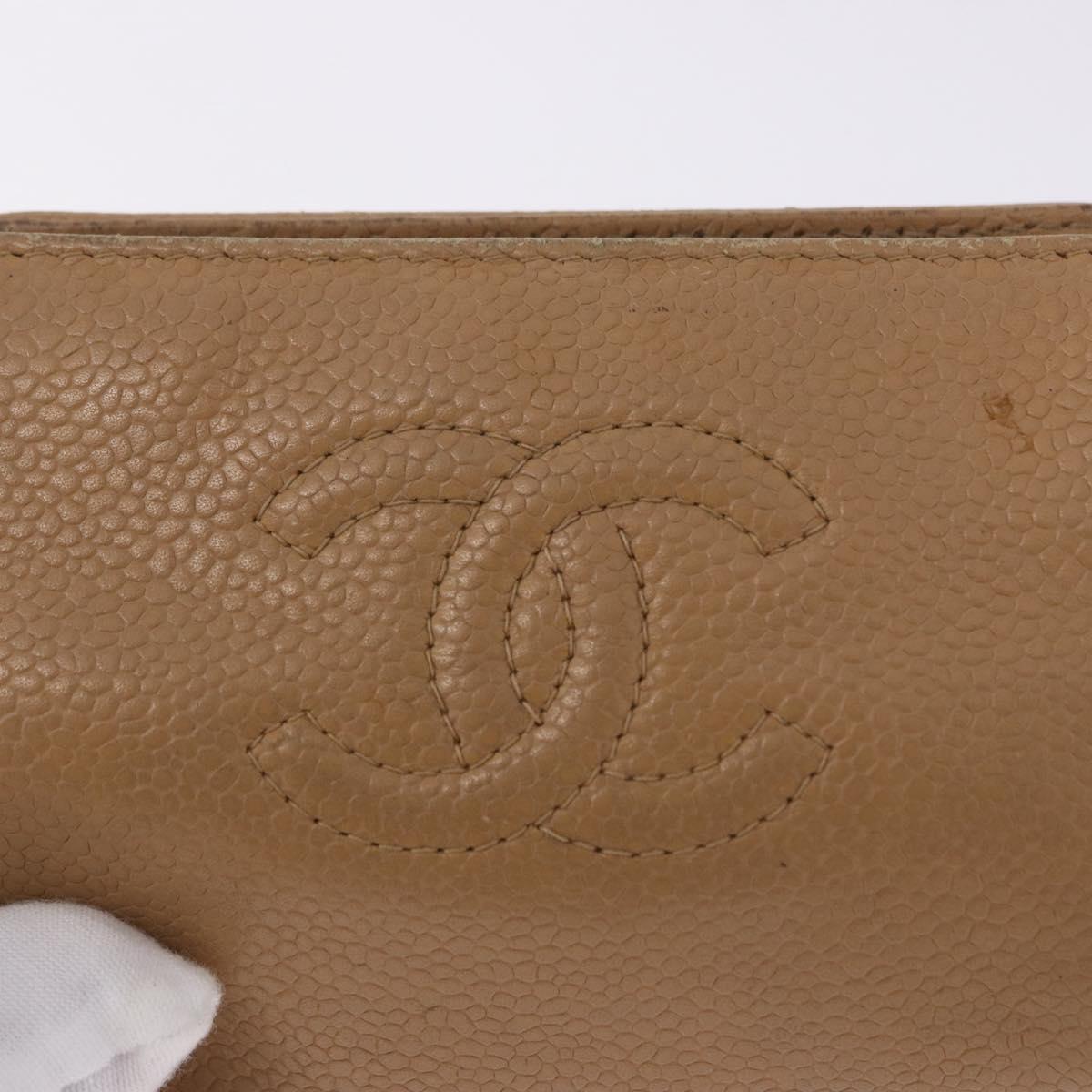CHANEL COCO Mark Pouch Caviar Skin Beige Gold Tone CC Auth 194083