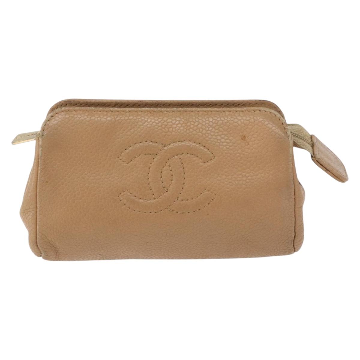 CHANEL COCO Mark Pouch Caviar Skin Beige Gold Tone CC Auth 194083