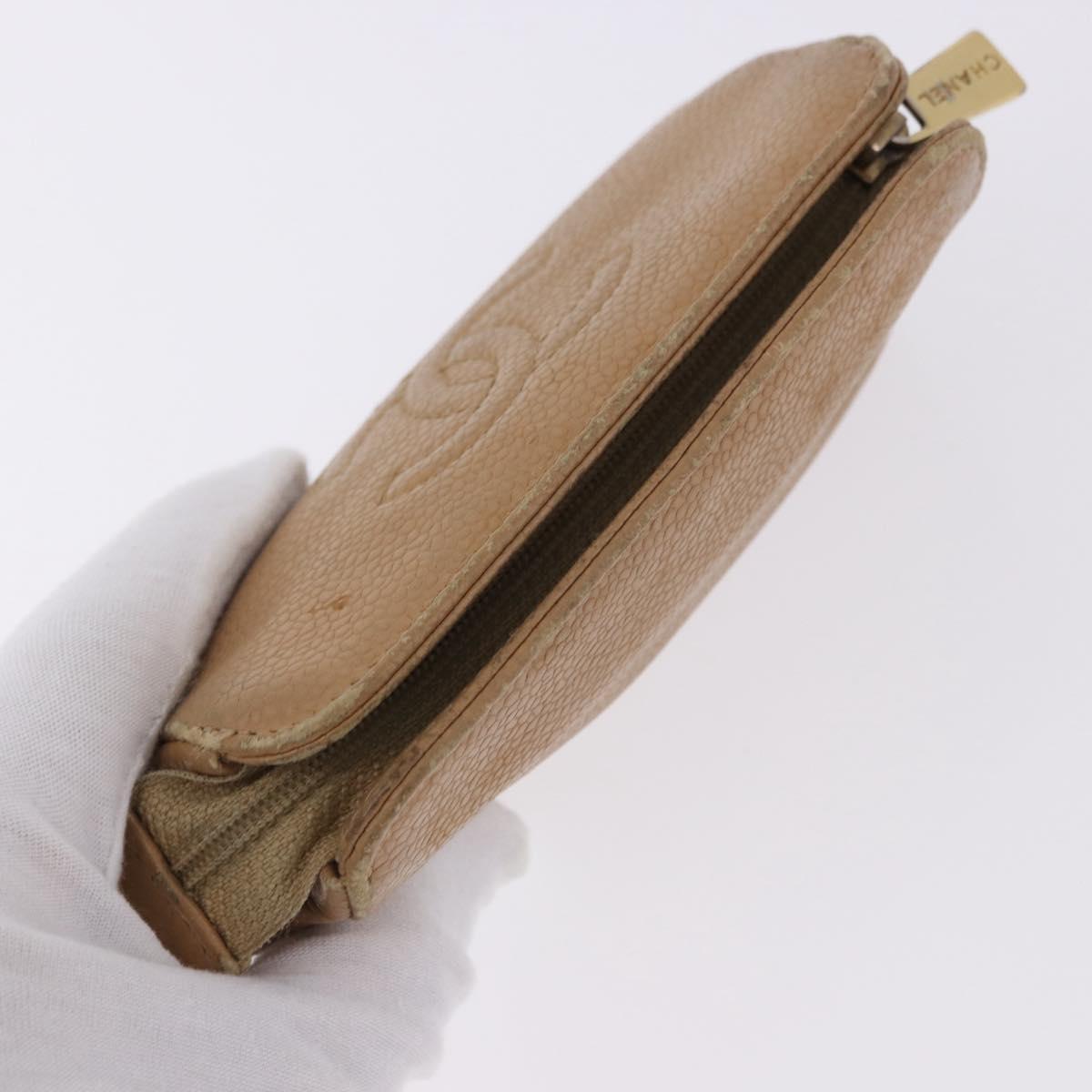 CHANEL COCO Mark Pouch Caviar Skin Beige Gold Tone CC Auth 194083