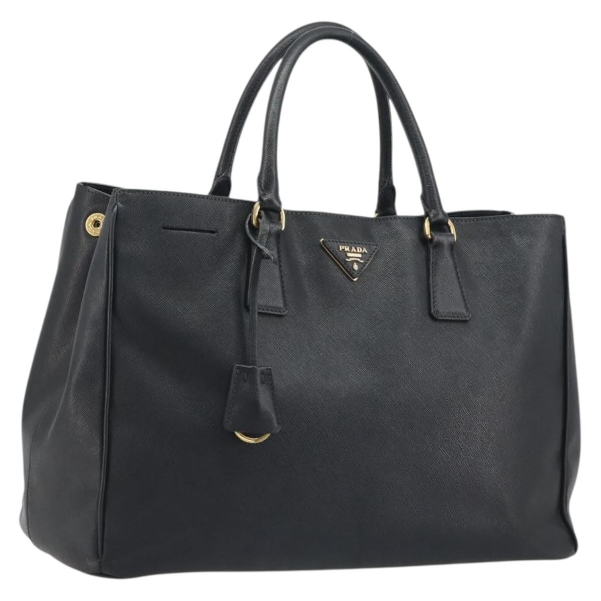 PRADA Galleria Hand Bag Saffiano Black Gold Tone Auth 194087A