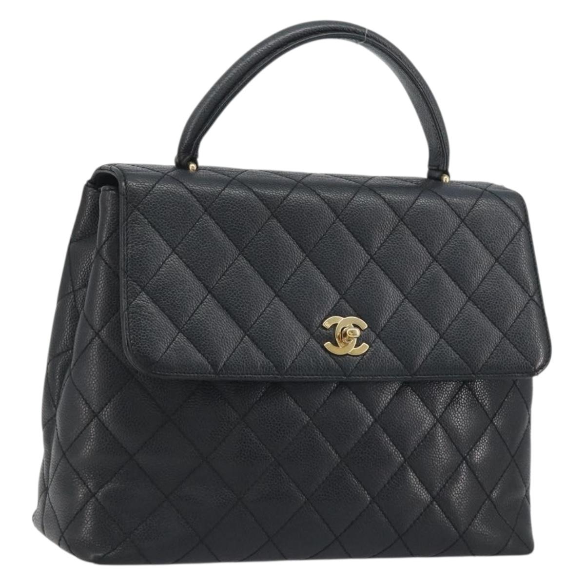 CHANEL Matelasse Hand Bag Caviar Skin Black Gold Tone CC Auth 194093A
