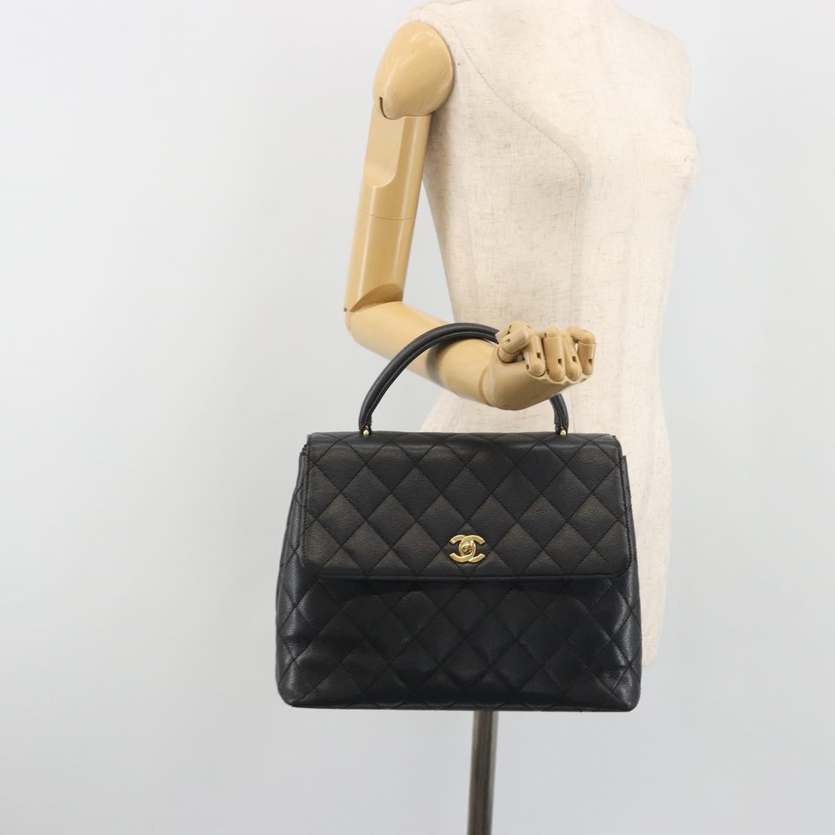 CHANEL Matelasse Hand Bag Caviar Skin Black Gold Tone CC Auth 194093A