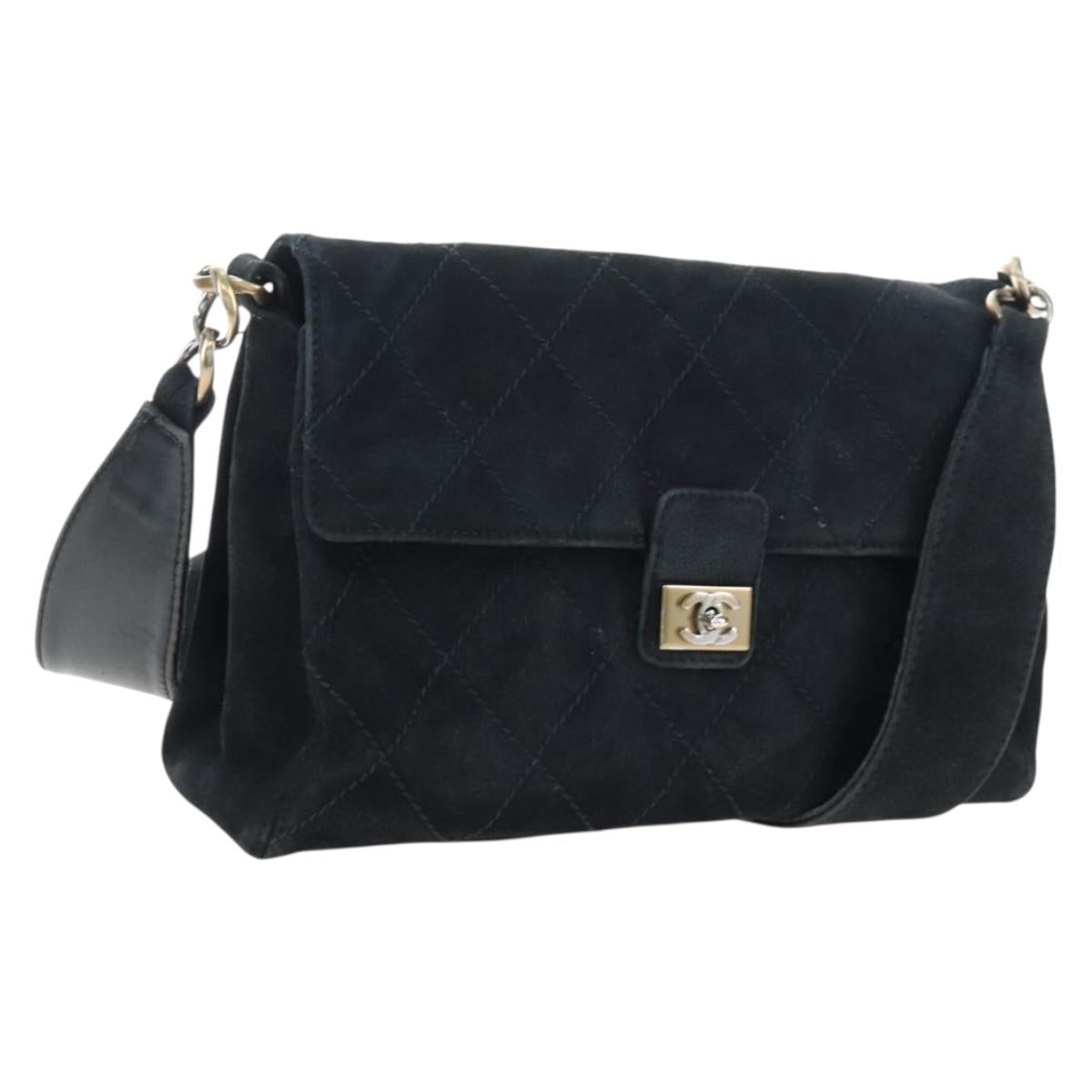 CHANEL Wild Stitch Matelasse Shoulder Bag Suede Black Gold Tone CC Auth 194096V