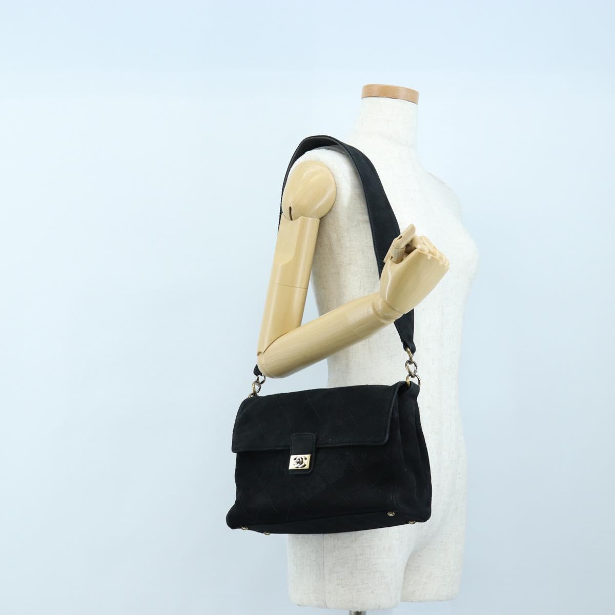 CHANEL Wild Stitch Matelasse Shoulder Bag Suede Black Gold Tone CC Auth 194096V
