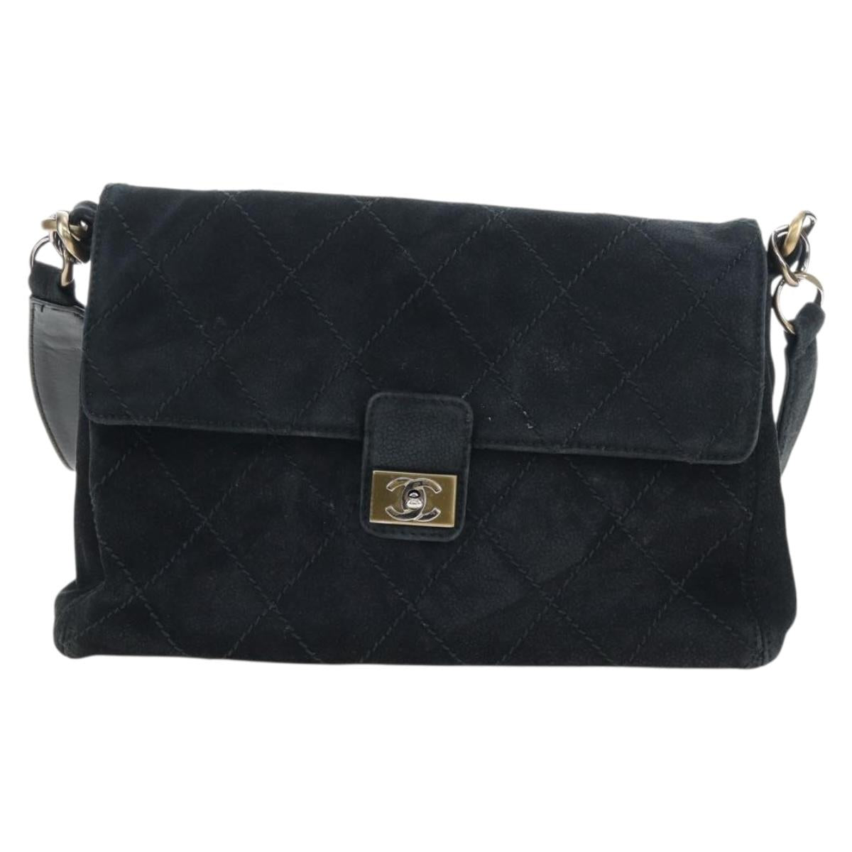 CHANEL Wild Stitch Matelasse Shoulder Bag Suede Black Gold Tone CC Auth 194096V