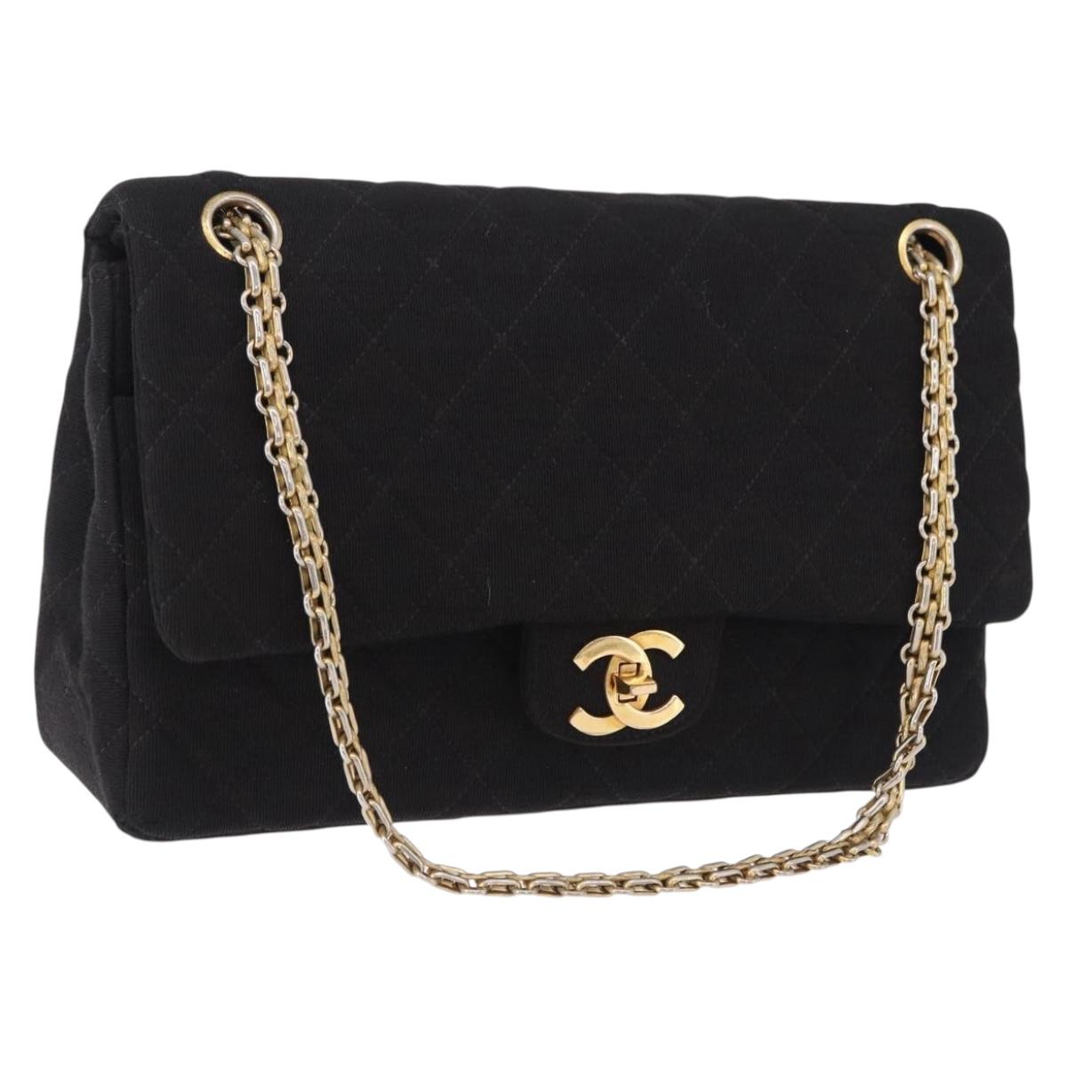 CHANEL Matelasse Double Flap Chain Shoulder Bag Cotton Black Gold Tone CC Auth 194097