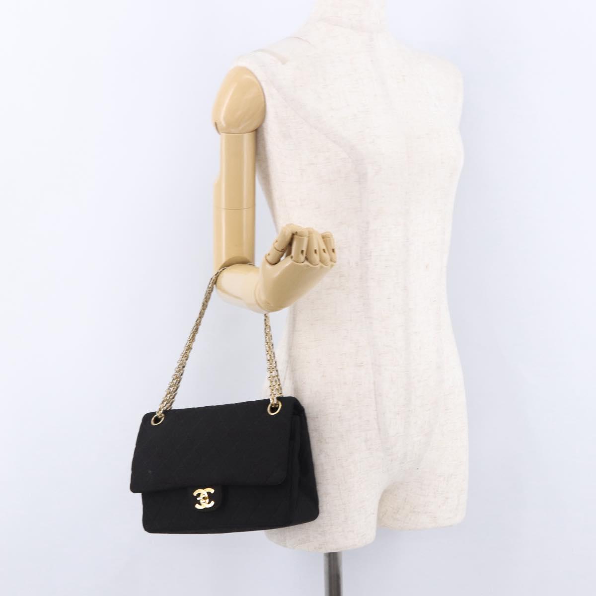 CHANEL Matelasse Double Flap Chain Shoulder Bag Cotton Black Gold Tone CC Auth 194097