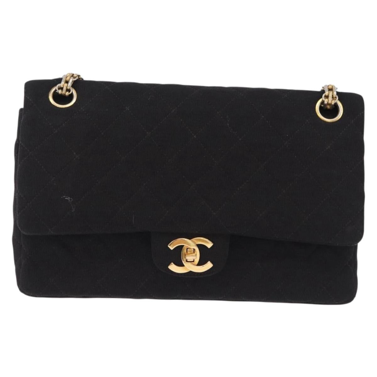 CHANEL Matelasse Double Flap Chain Shoulder Bag Cotton Black Gold Tone CC Auth 194097