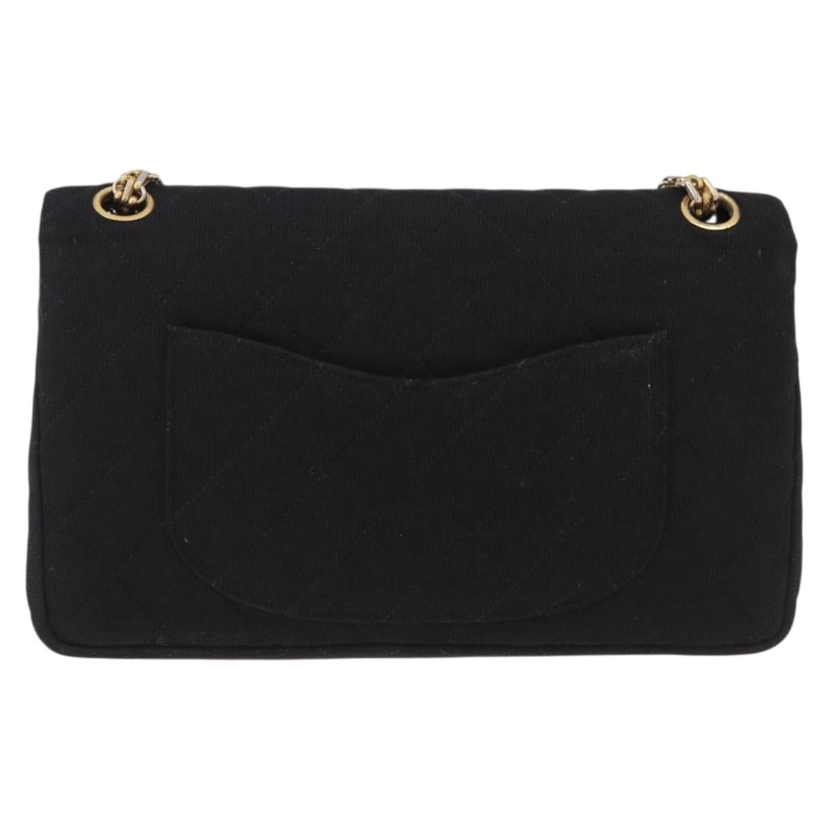 CHANEL Matelasse Double Flap Chain Shoulder Bag Cotton Black Gold Tone CC Auth 194097