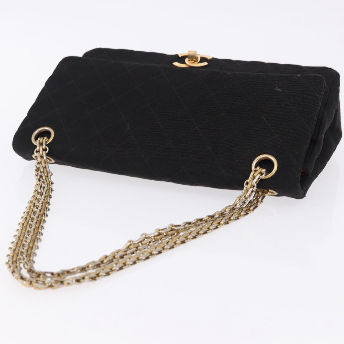 CHANEL Matelasse Double Flap Chain Shoulder Bag Cotton Black Gold Tone CC Auth 194097